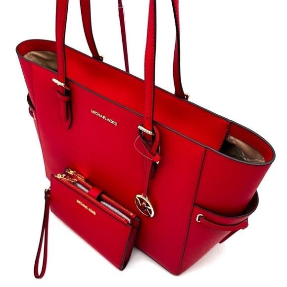 Michael Kors Gilly Large Drawstring Shoulder Tote Bag & Double Zip Wallet Red - Picture 10 of 14